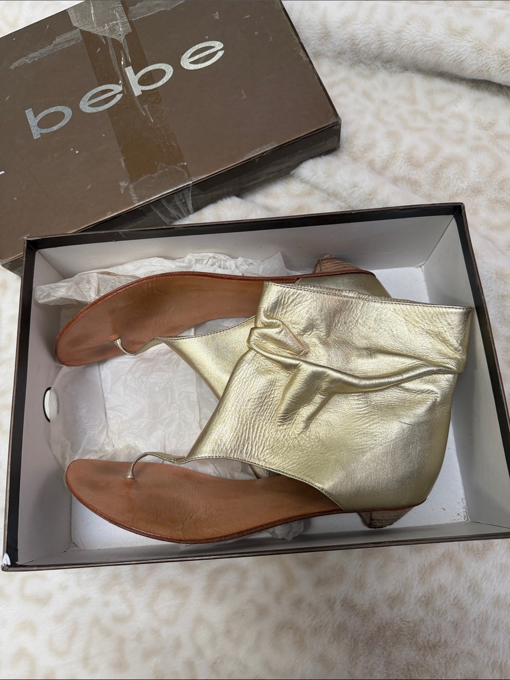 Bebe Gold Metallic Leather Open Toe Mule Sandals